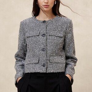 NWT Banana Republic Metallic Silver Tweed Jacket + Mini Skirt Set